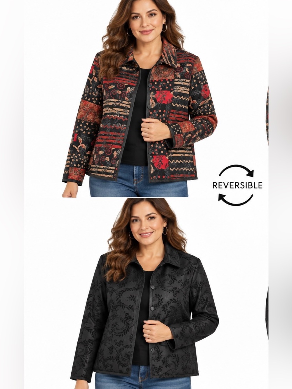 Vintage Style Reversible Tapestry Jacquard Jacket Black Red Floral Art to Wear L